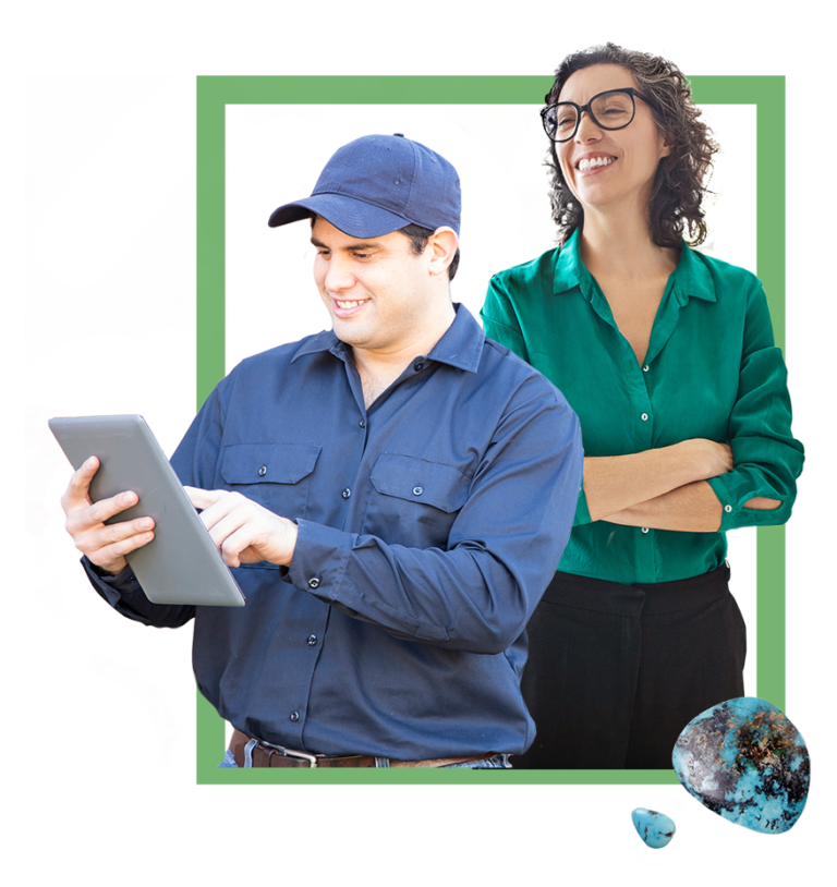 man wearing hat while looking at tablet with woman behind him crossing her arms